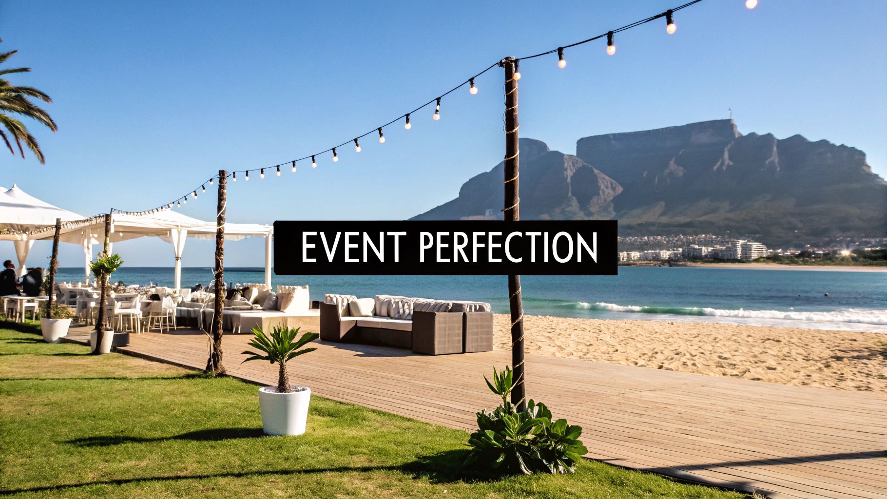 Couple at a beautifully decorated wedding reception with fairy lights and elegant table settings in Cape Town.
