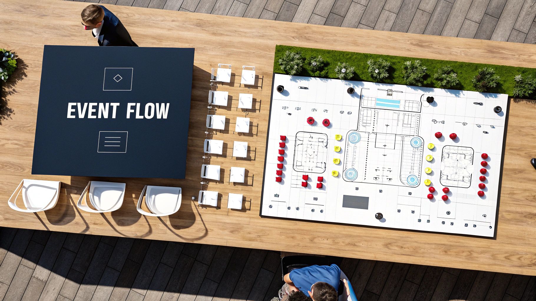 A well-planned event layout with tables and chairs arranged for optimal flow.