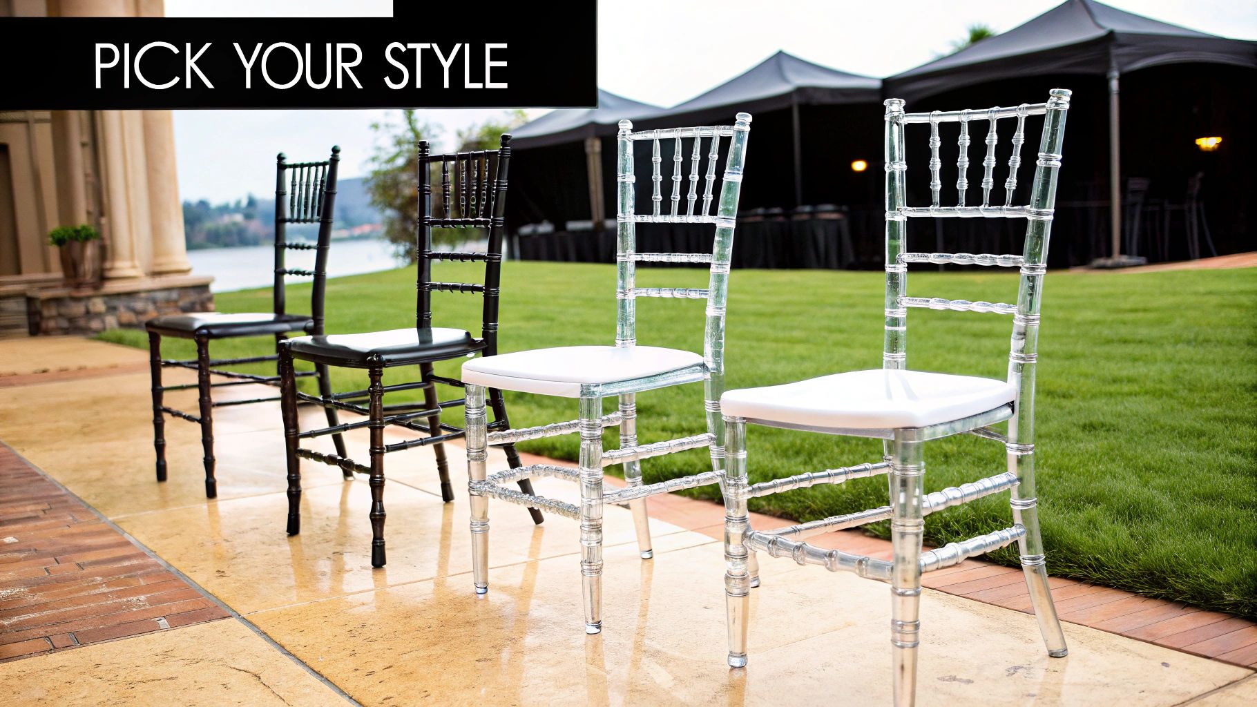 Rows of elegant white Tiffany chairs set up for an outdoor event