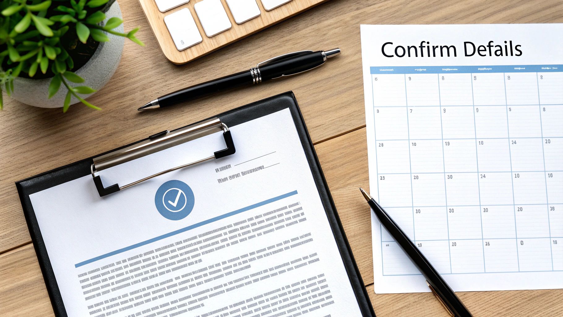 A flat lay of a wooden desk with a clipboard, pen, plant, keyboard, and a calendar titled 'Confirm Details'.