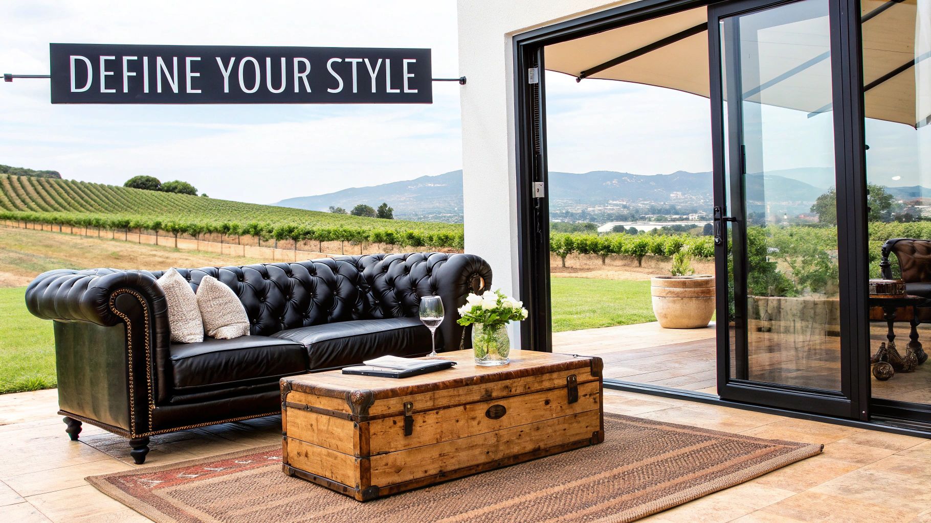 A luxurious outdoor patio featuring a vintage black leather sofa, wooden trunk table, and scenic vineyard views.