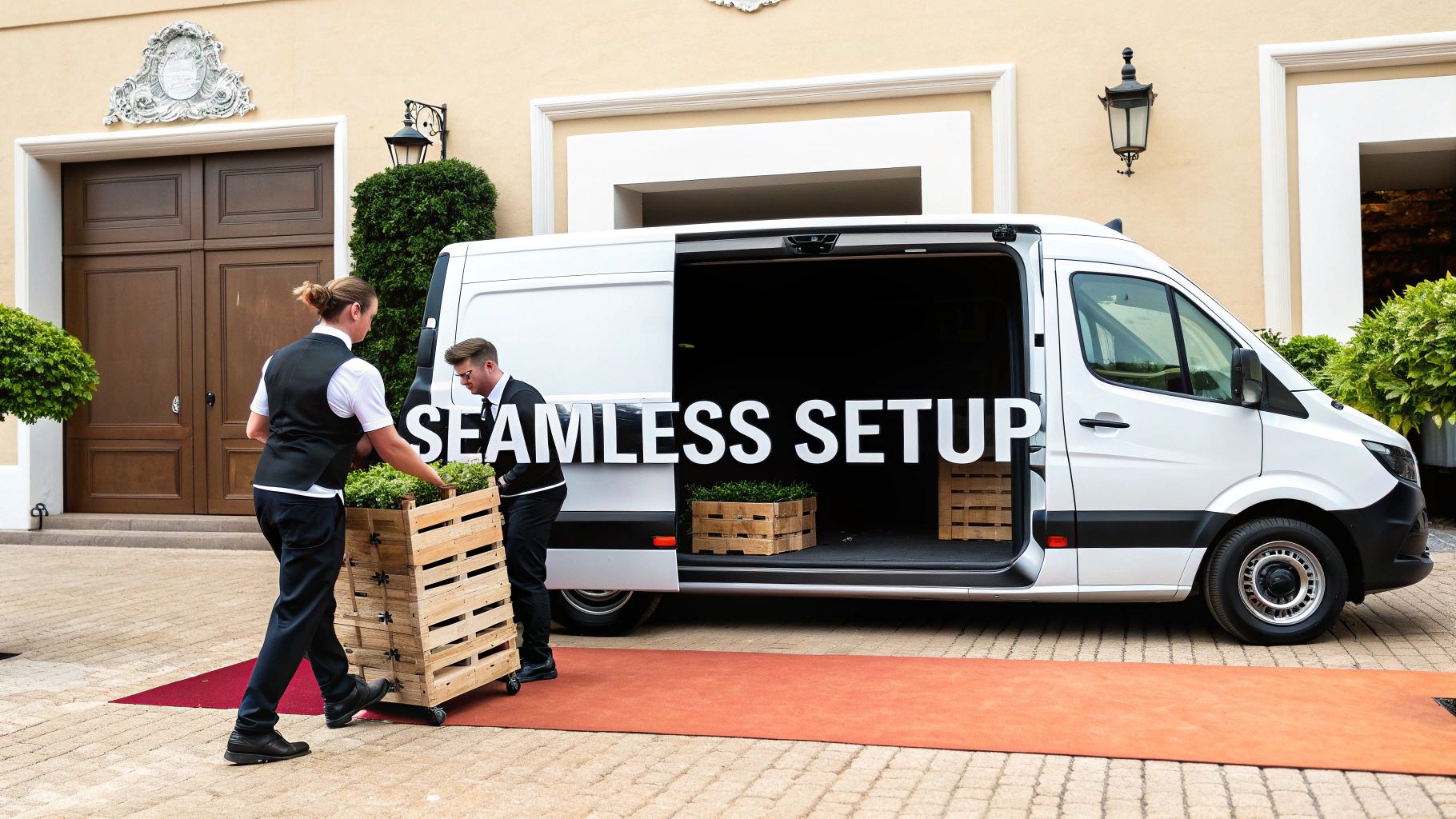 Two event staff unload plant crates from a white van with "SEAMLESS SETUP" for an event.