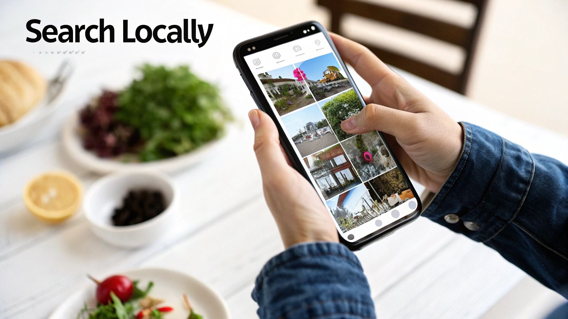 A person holding a smartphone displaying a grid of local photos, with the text 'Search Locally'.
