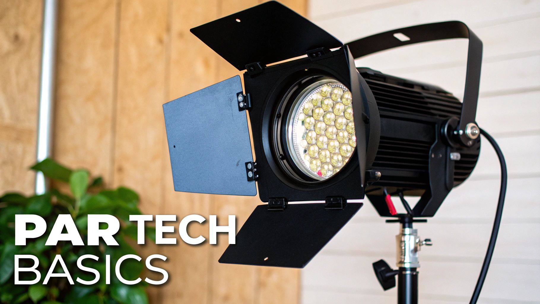 A professional black LED PAR studio light with barn doors open, mounted on a stand.