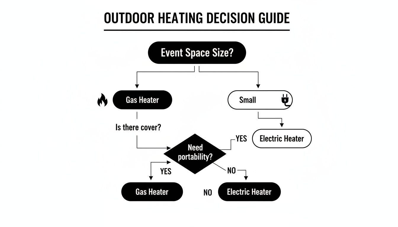 A flowchart guiding outdoor heating decisions, considering event space size, cover, and portability to choose between gas and electric heaters.