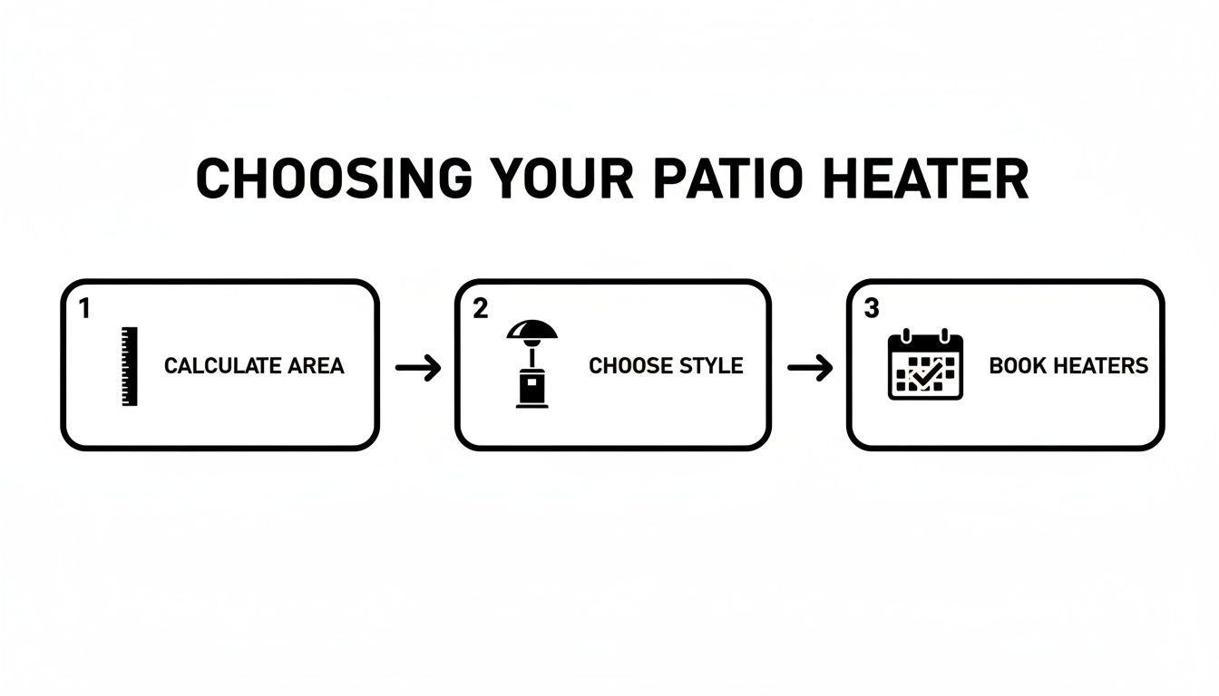 A three-step guide illustrating how to choose your patio heater, including calculating area, choosing style, and booking.