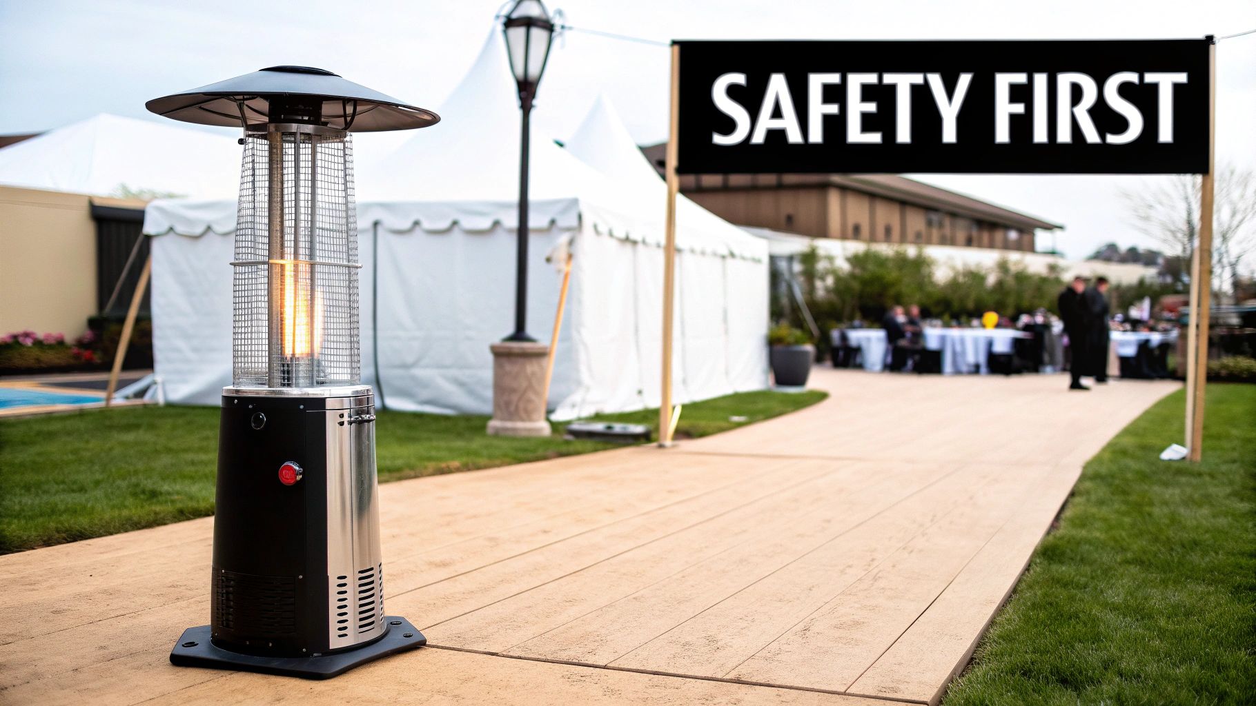 A gas heater placed safely on a stable patio surface away from flammable materials