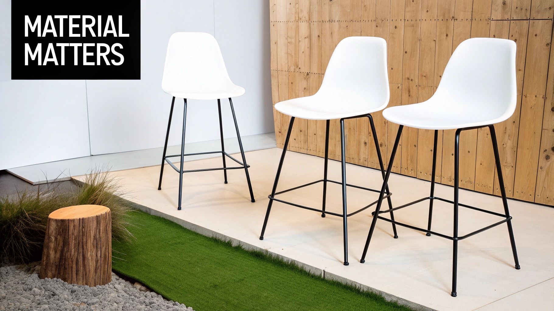 Three modern white bar chairs with black legs in a stylish interior display setting.