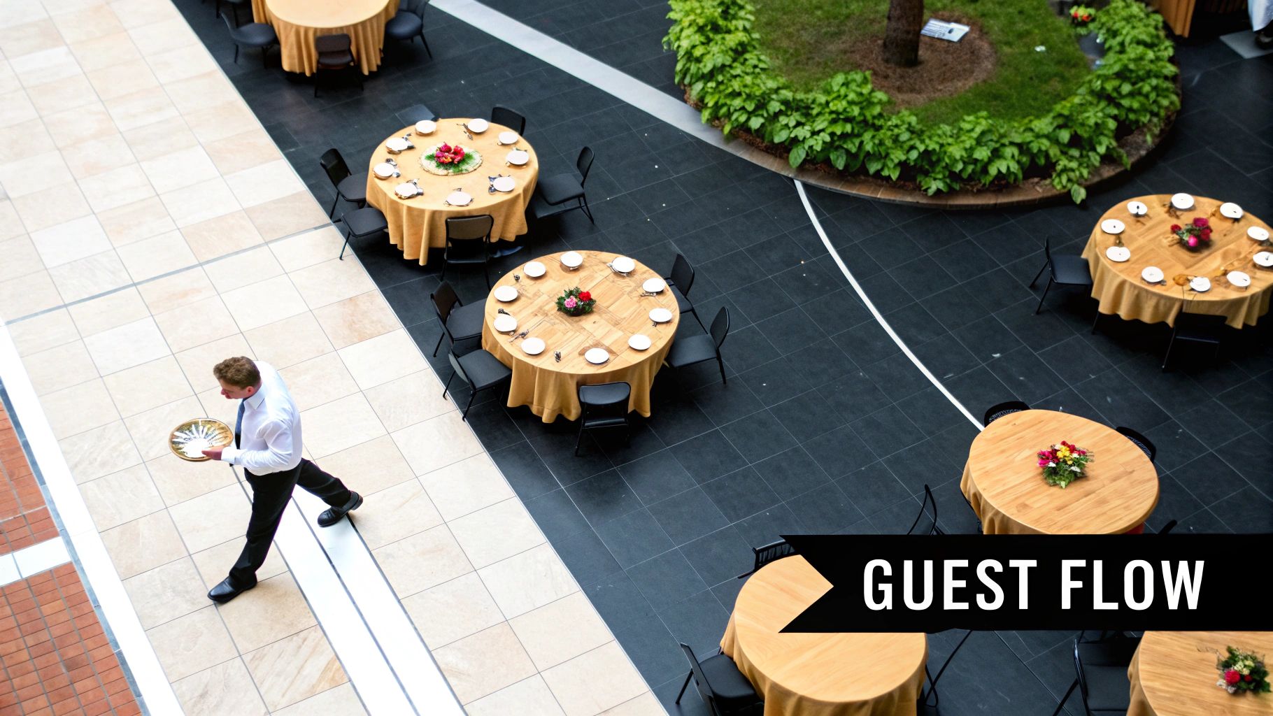 Overhead view of an event hall with a server walking past round tables set with place settings.
