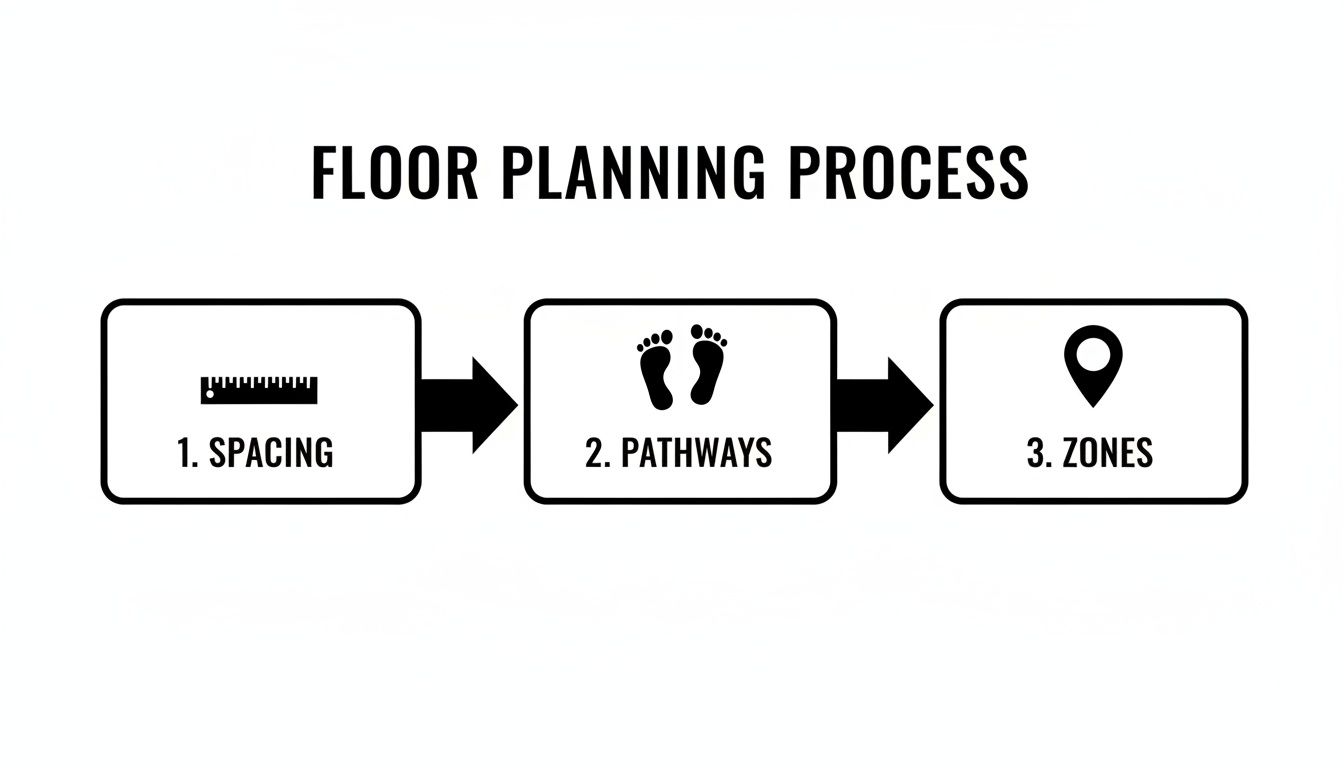 A diagram illustrating the floor planning process with steps for spacing, pathways, and zones.