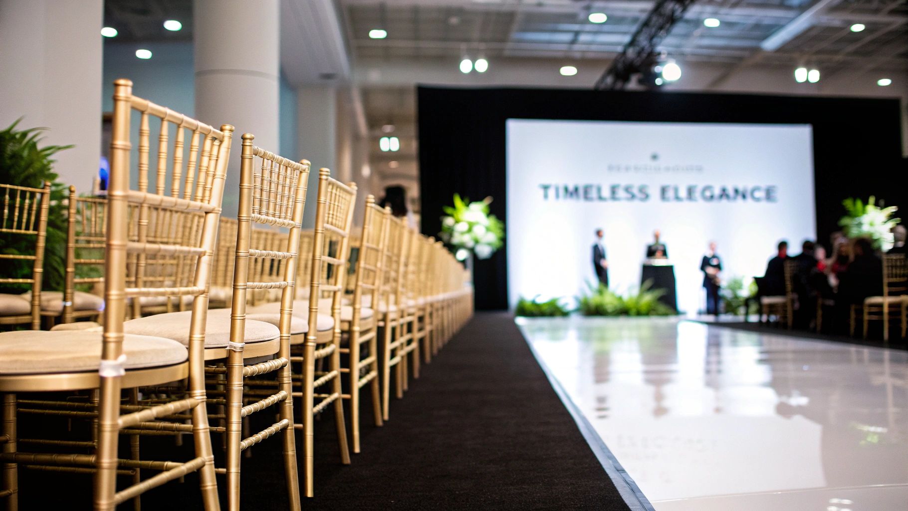 A room filled with elegantly set tables featuring gold Tiffany chairs.