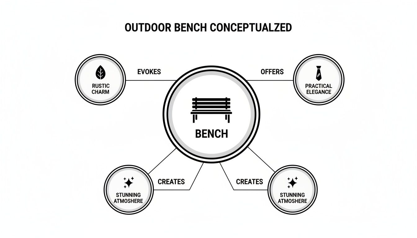 A conceptual diagram titled 'Outdoor Bench Conceptualized,' showing a bench evoking rustic charm, offering practical elegance, and creating a stunning atmosphere.