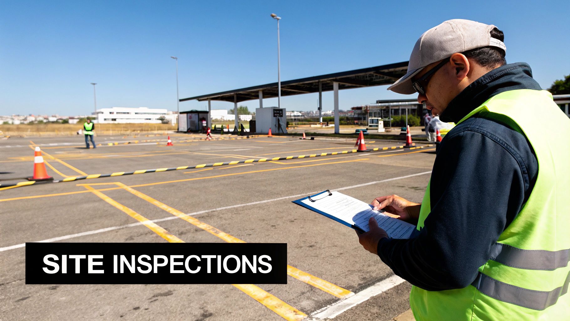 A person in a high-visibility vest and cap inspecting an outdoor site, writing on a clipboard.