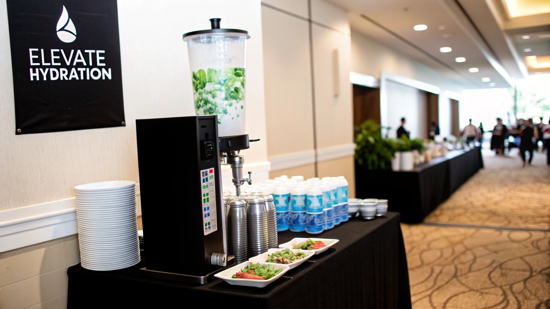 A self-serve hydration station at an event with a water dispenser, bottled water, and small salads.