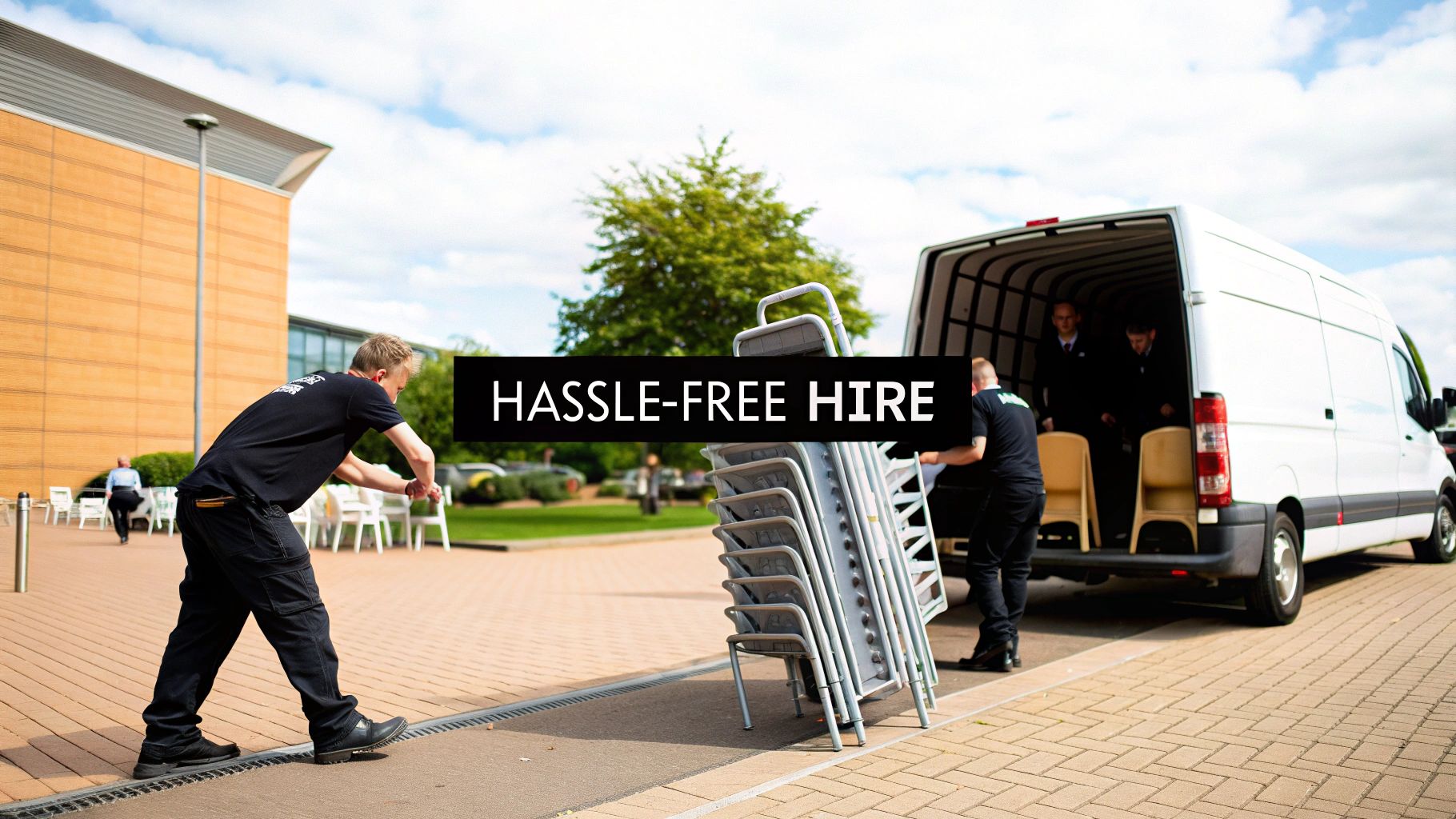 Event staff unload a trolley of chairs from a white van for a hassle-free hire service.