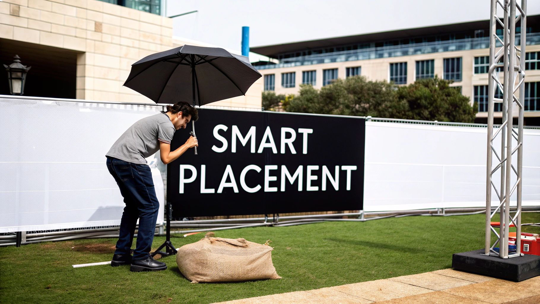 A man holds a black umbrella while bending over near a large sign that reads "SMART PLACEMENT" on green grass.