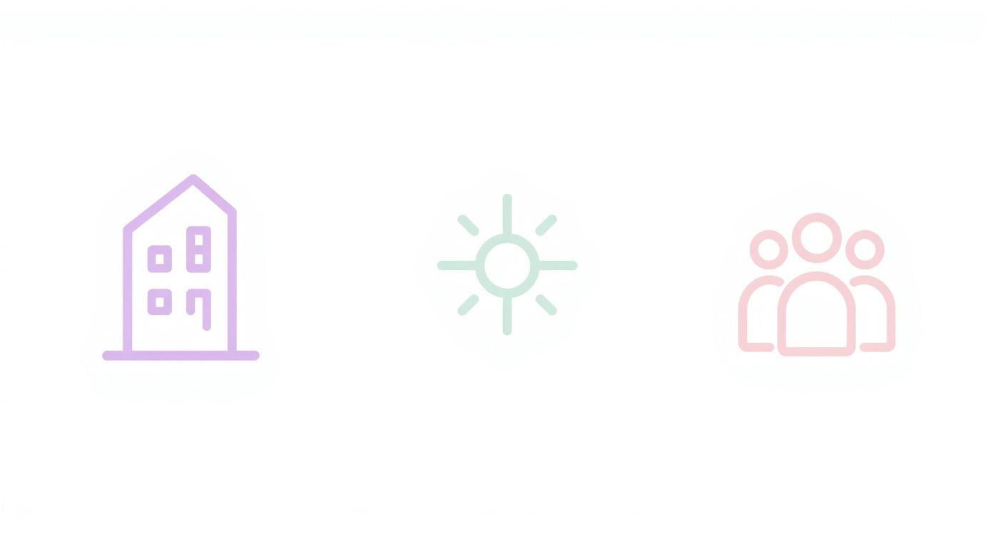 Three pastel colored icons representing home, sunshine, and group of people on white background