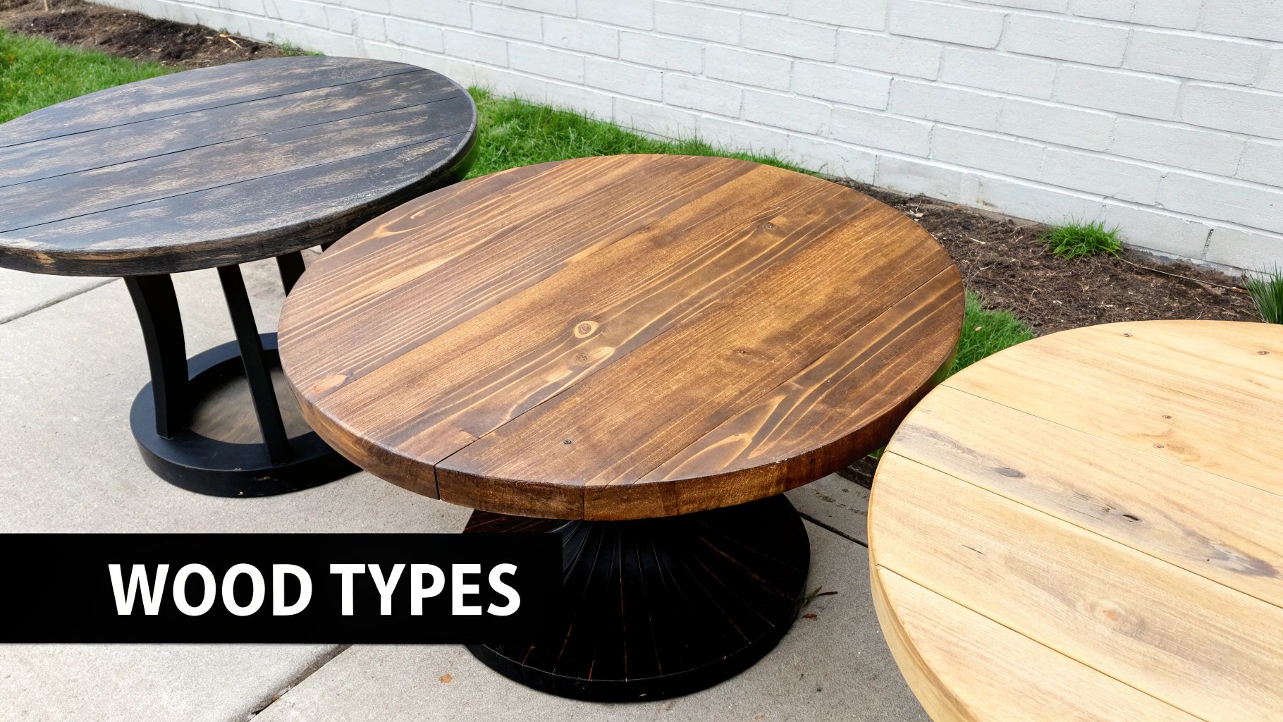 Three round wooden tables display various wood types and finishes outdoors next to a white brick wall.