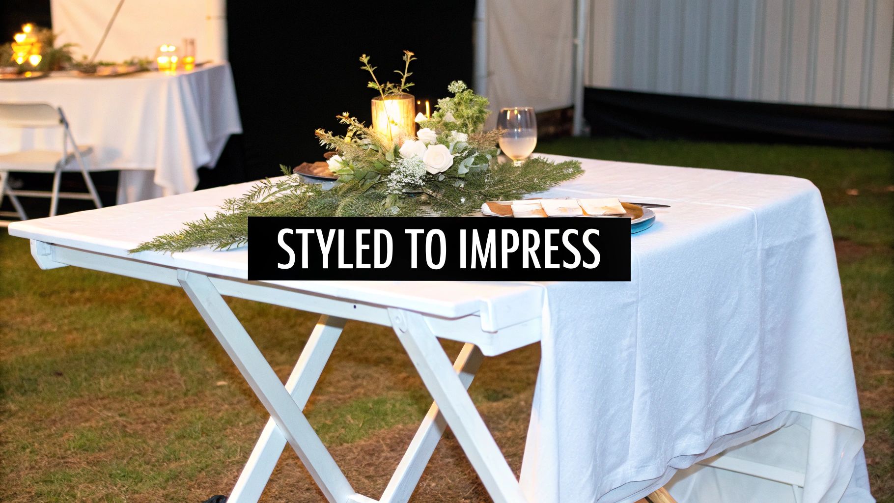 A beautifully styled white folding table with a floral centerpiece and place settings at an outdoor event.