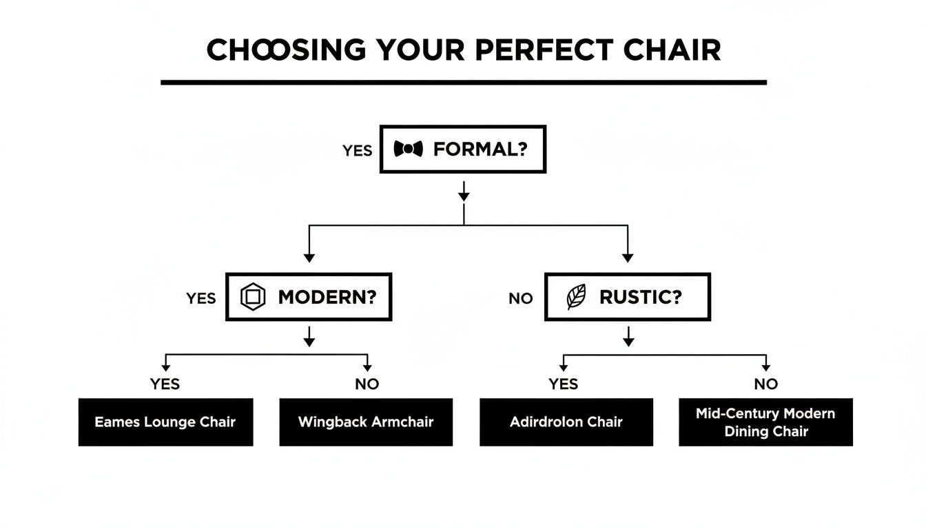 A flowchart titled 'Choosing Your Perfect Chair' guiding users through selecting a chair based on style preferences.