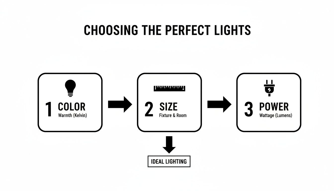 A flowchart titled 'Choosing the Perfect Lights' detailing steps for ideal lighting: 1 Color (Warmth, Kelvin), 2 Size (Fixture & Room), and 3 Power (Wattage, Lumens).