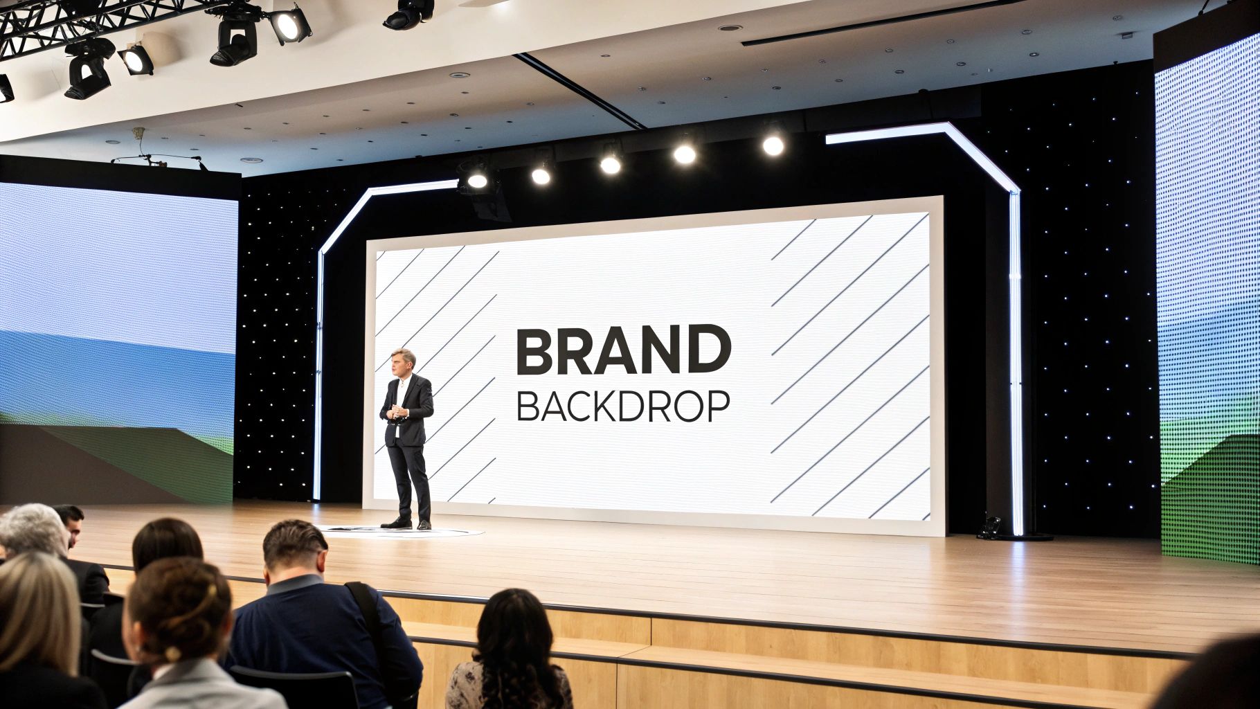 A speaker presents on a well-lit stage with a large screen displaying 'BRAND BACKDROP' to an audience.