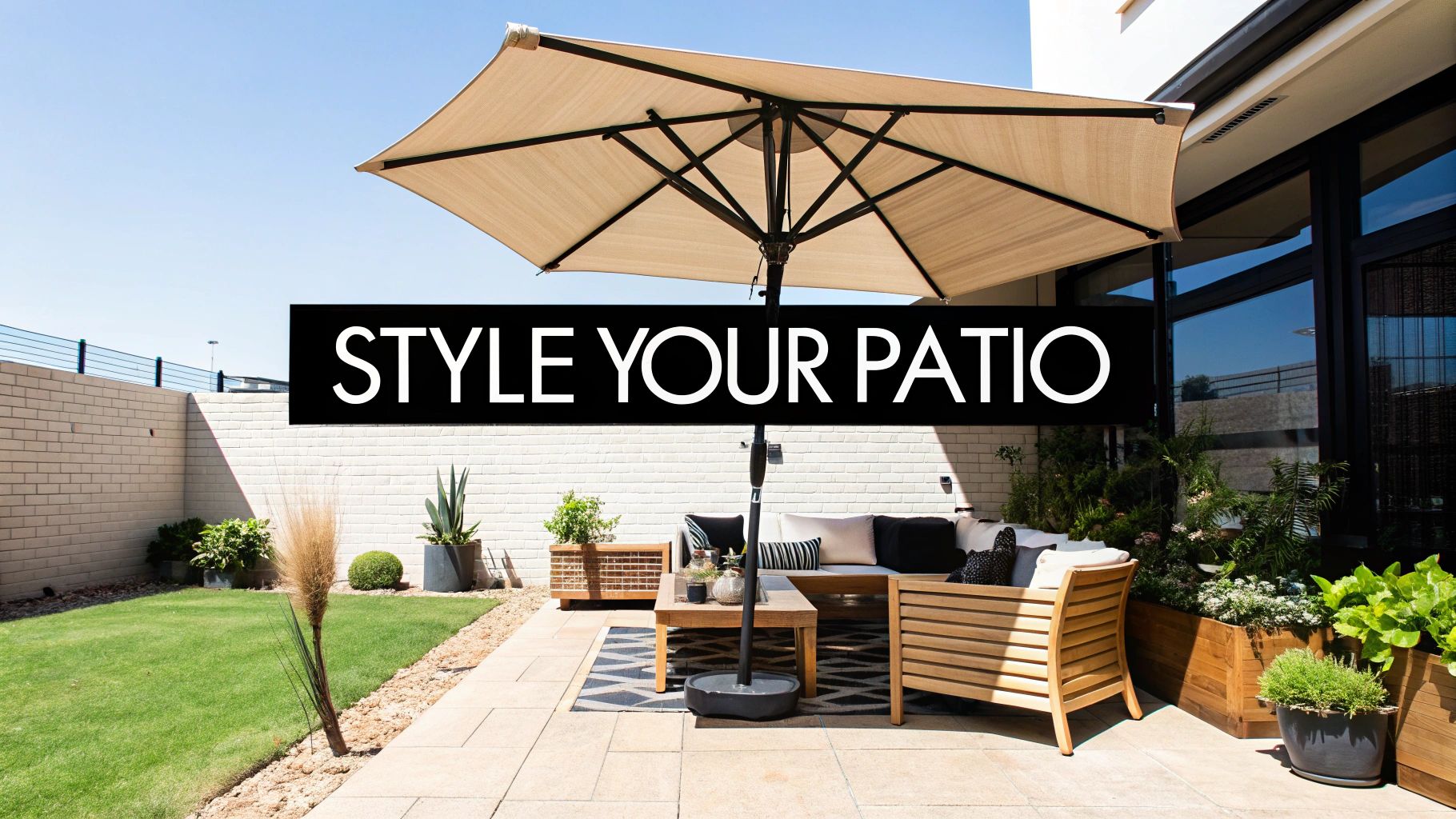 A person cleaning the canopy of a large outdoor umbrella with a soft brush.
