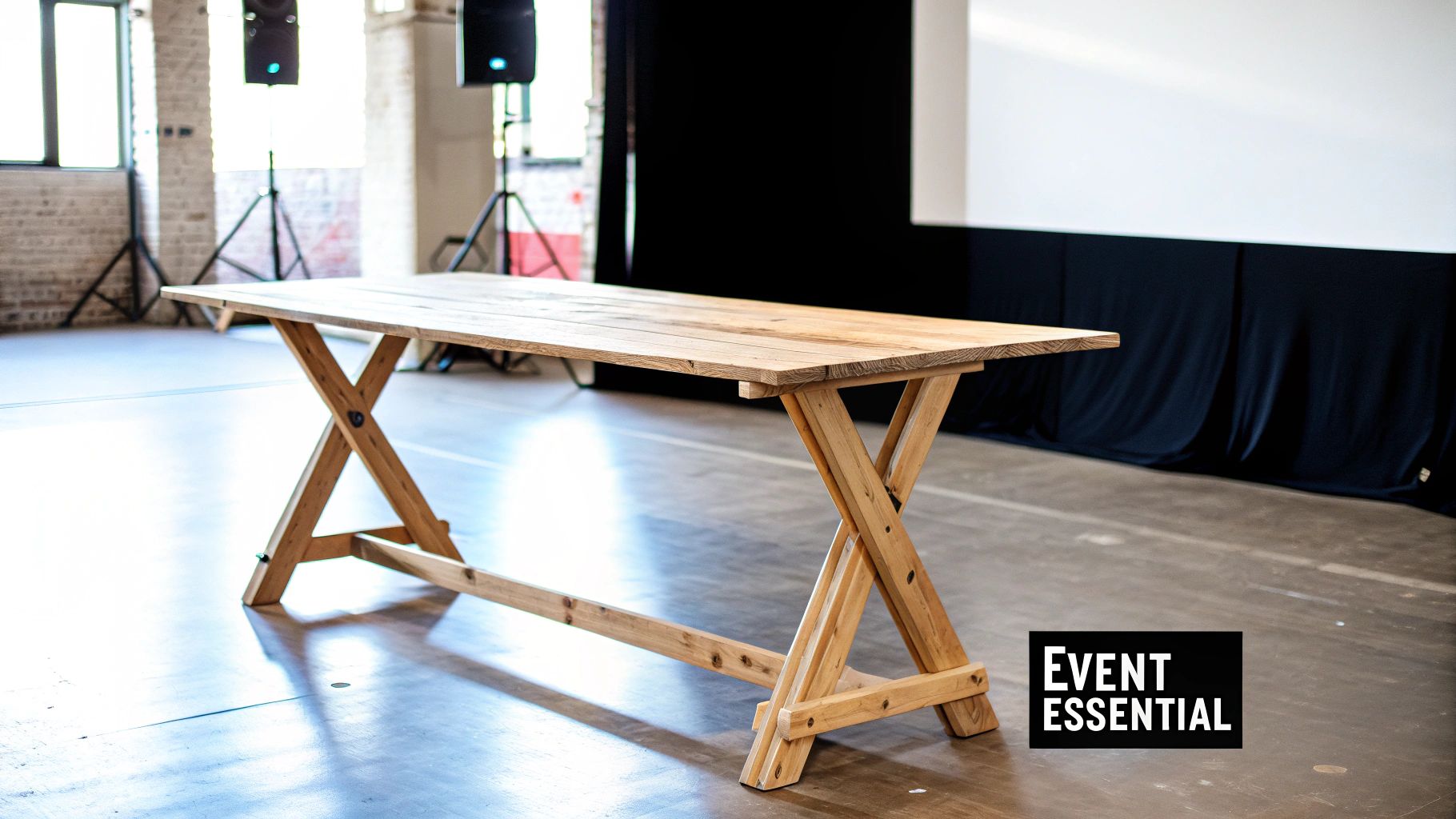 Rustic wooden trestle table with X-frame legs on concrete floor in event venue space