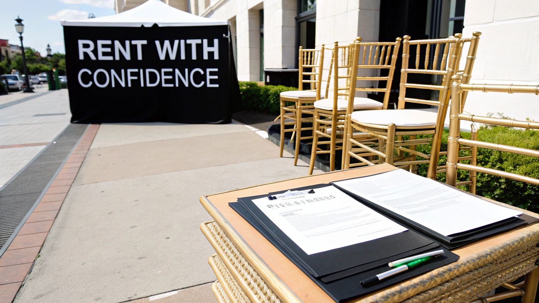 A close-up shot of gold Tiffany chairs set up for an elegant outdoor event.