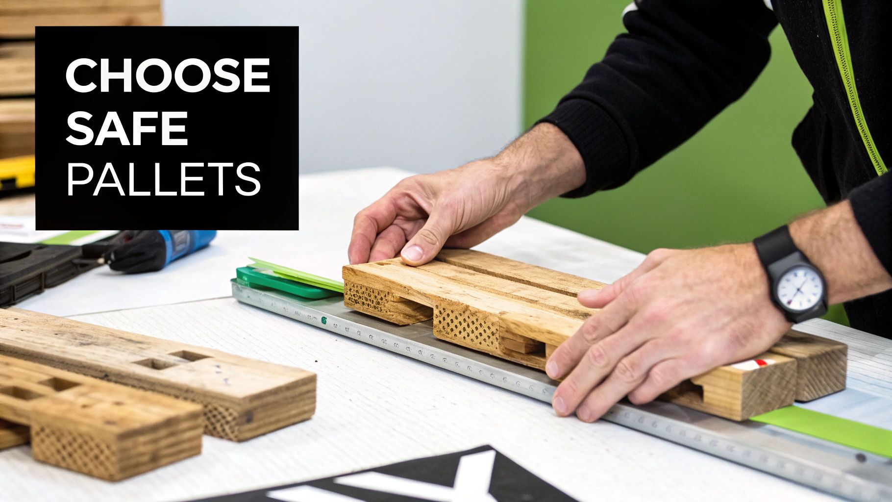 Several stacked wooden pallets in a workshop, ready to be repurposed.