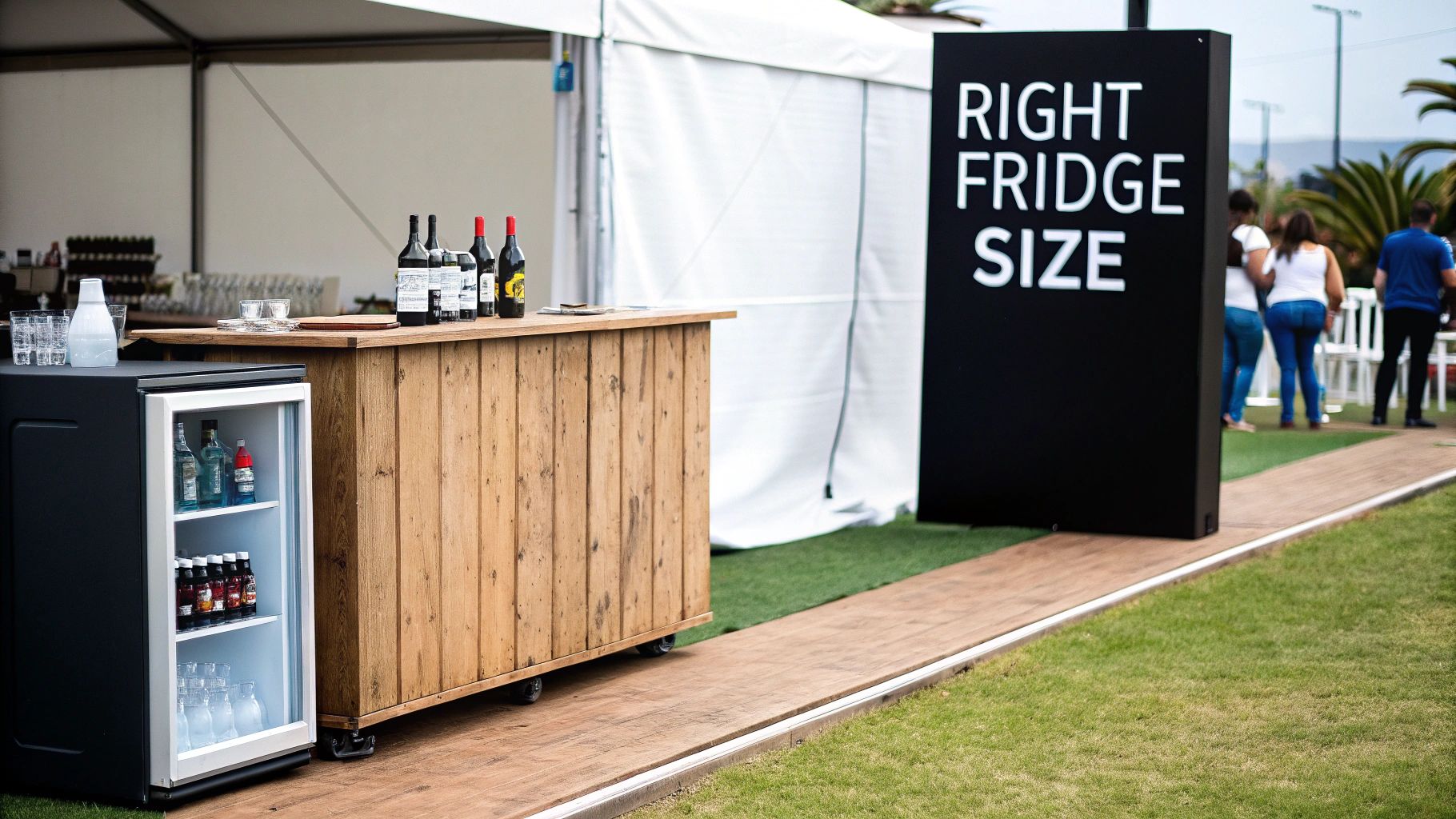 An outdoor event setup featuring a rustic wooden bar, a black mini-fridge, and a "RIGHT FRIDGE SIZE" sign.