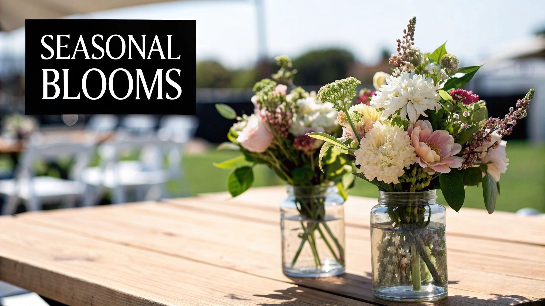 Two bouquets of seasonal flowers in glass jars on a wooden table outdoors with text 'SEASONAL BLOOMS'.
