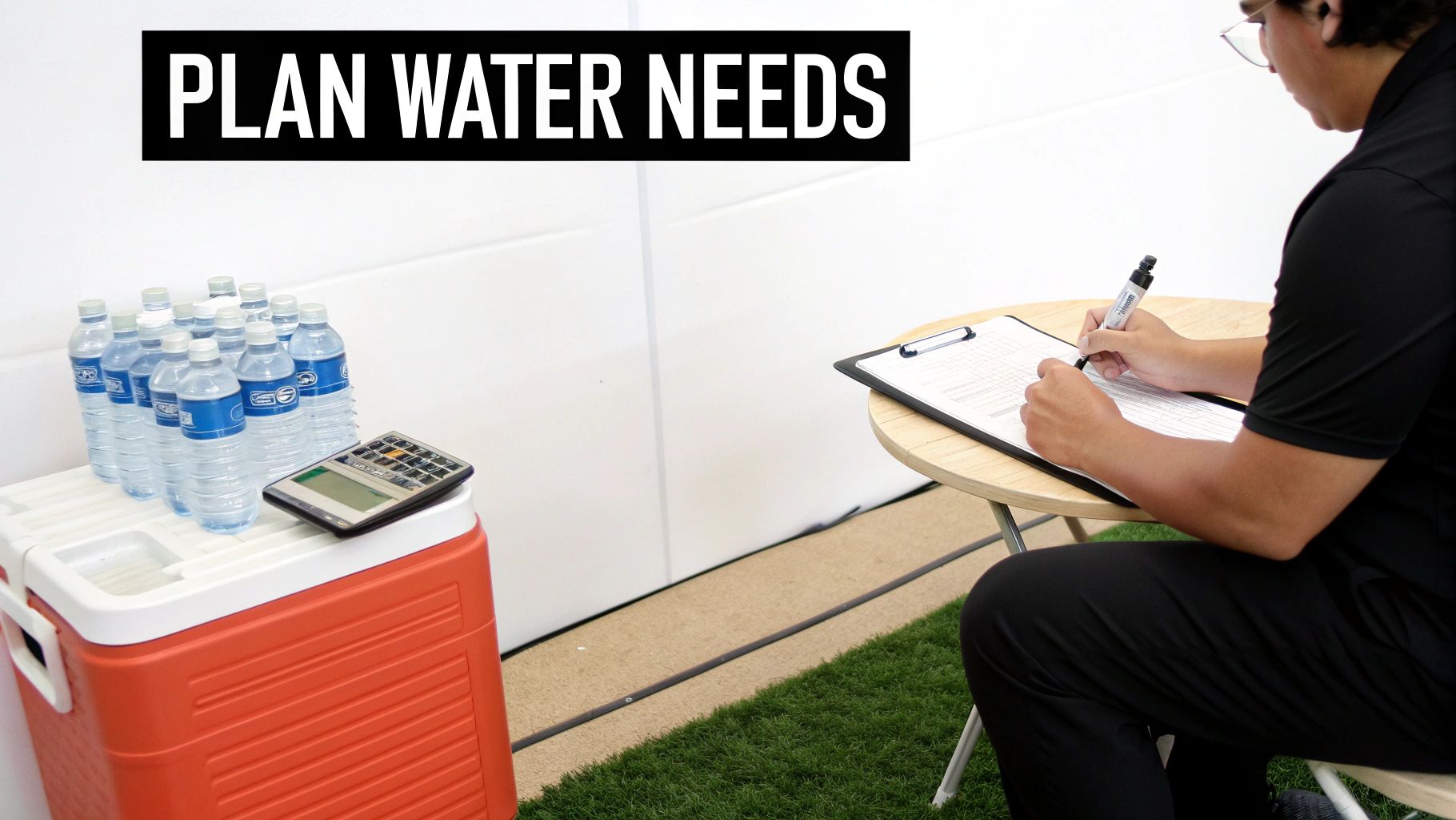 A person plans water needs by writing on a clipboard next to a cooler with bottles.