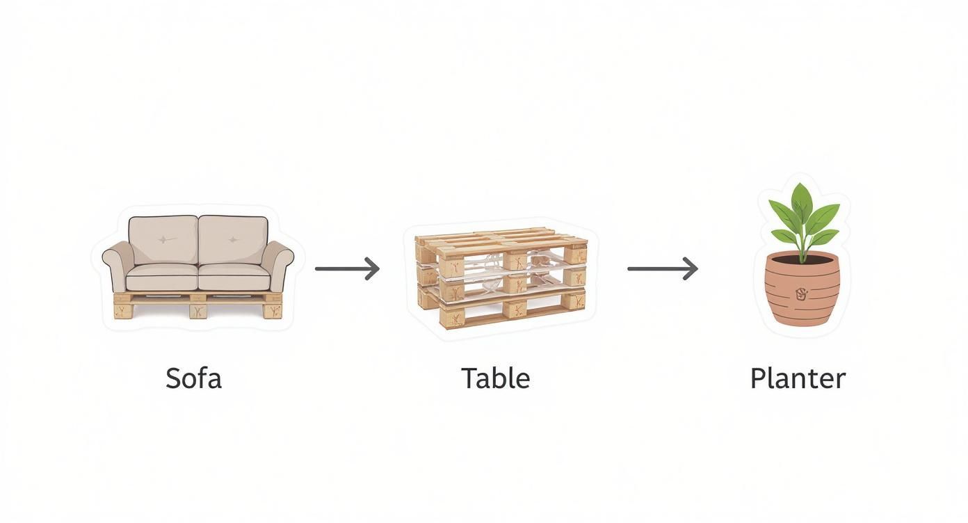 Infographic showing the process flow for building pallet outdoor furniture, with steps for a sofa, table, and planter.