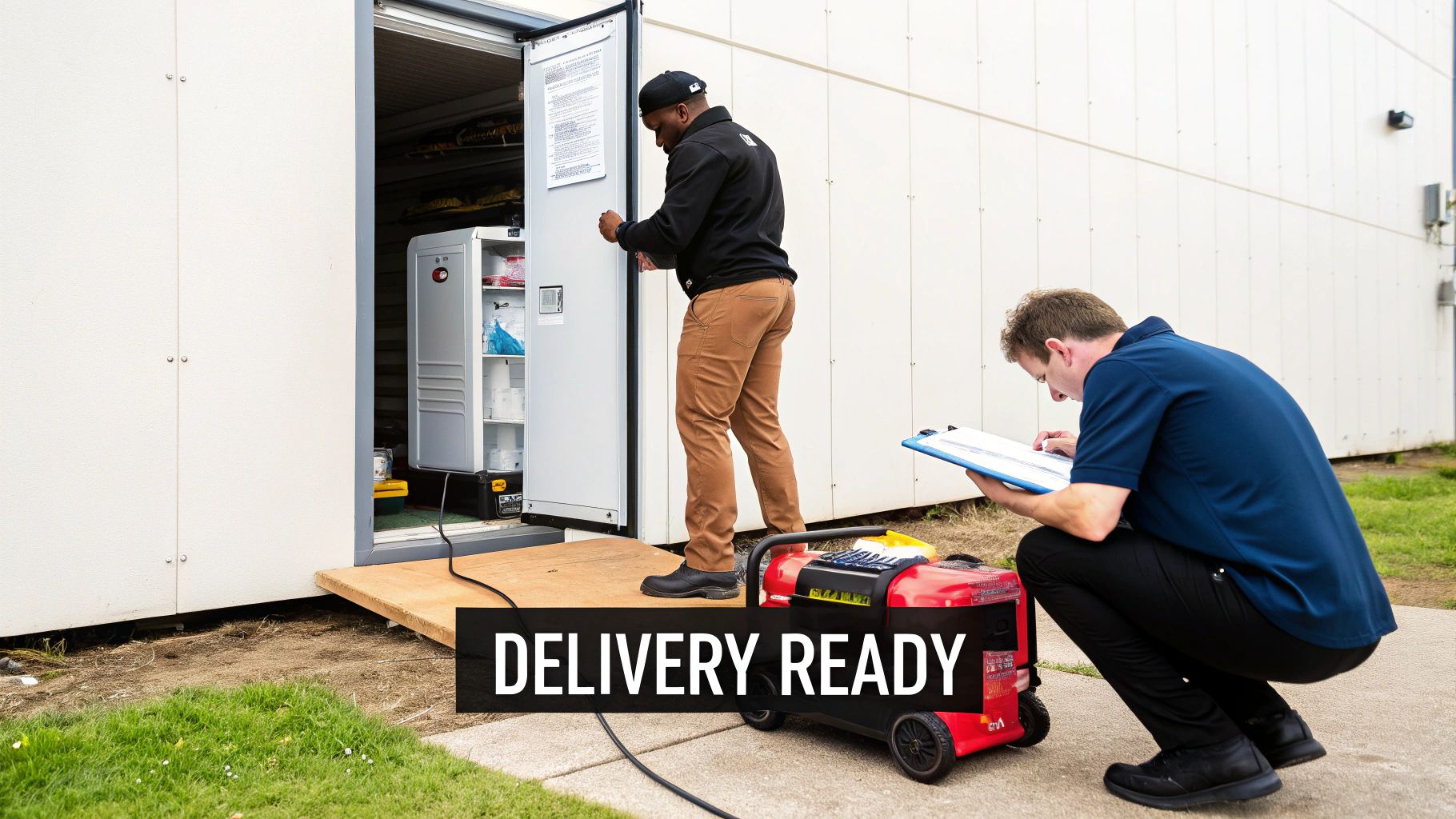 Two technicians preparing a portable refrigerator and generator for delivery, one checking the unit, the other writing.
