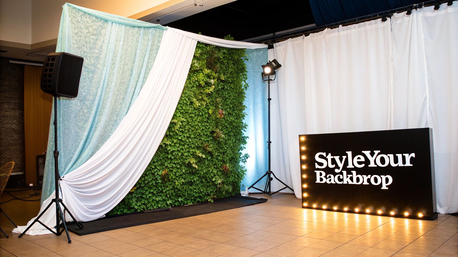 A stylishly decorated event backdrop featuring balloons, drapery, and a neon sign.