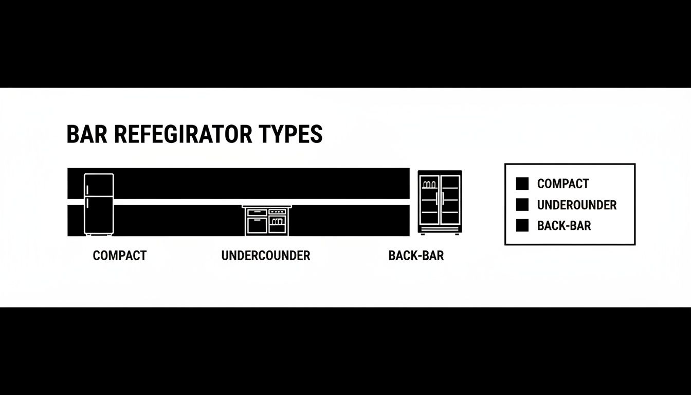 An illustration showing three types of bar refrigerators: compact, undercounter, and back-bar designs.