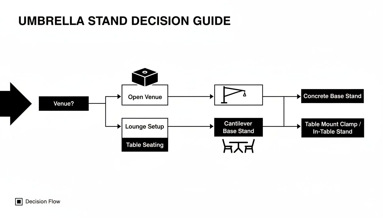 A flowchart guiding the selection of umbrella stands based on venue type and setup.