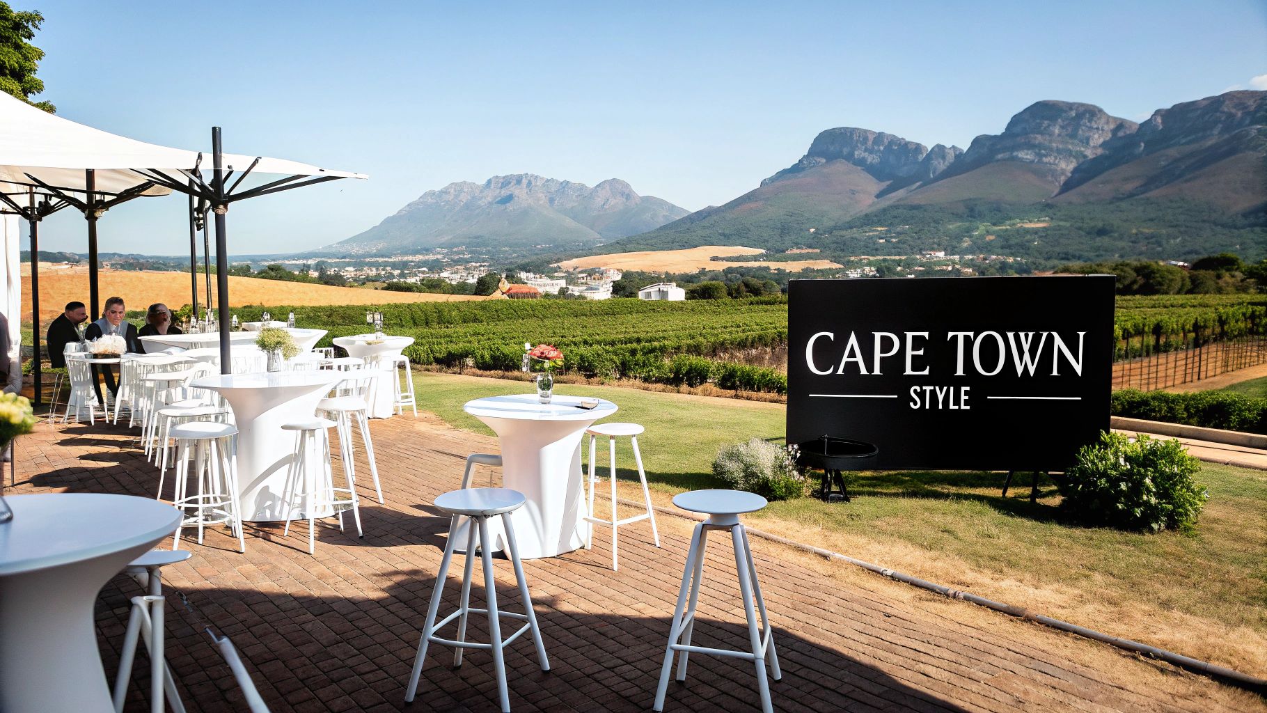 Outdoor event with white bar tables and stools in a vineyard setting overlooking mountains, under clear skies.