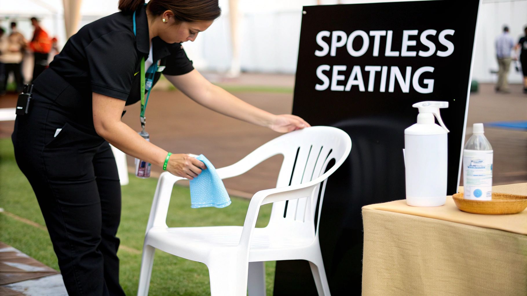 An employee cleans a white plastic chair with a blue cloth, promoting "SPOTLESS SEATING".
