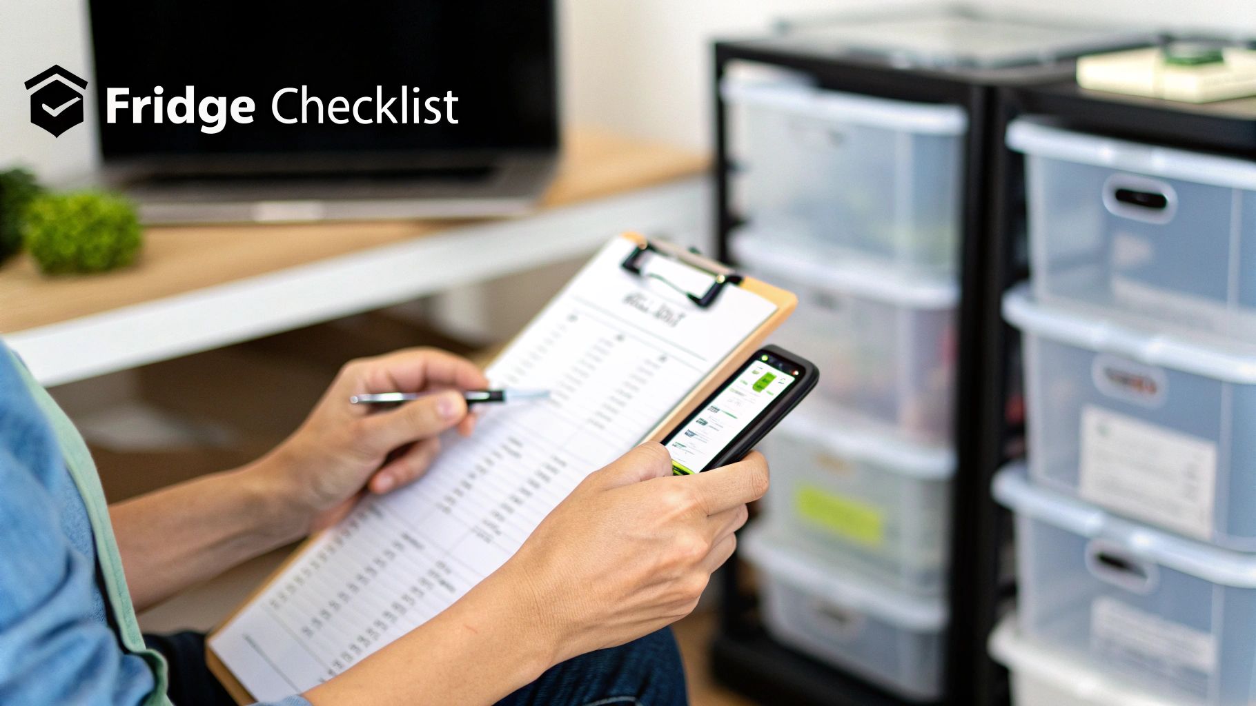 Close-up of hands comparing a physical fridge checklist on a clipboard with a digital checklist on a smartphone.