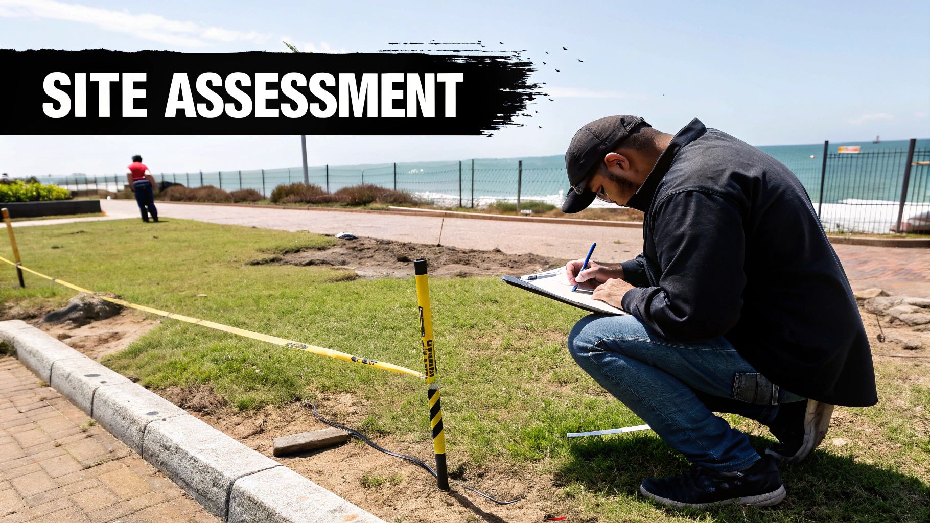 Crouching man writes on a clipboard during a site assessment with caution tape and the ocean in the background.