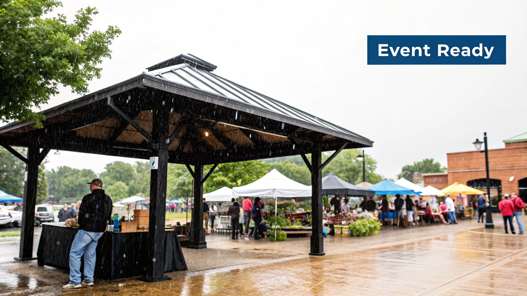 A sturdy heavy duty gazebo set up for an elegant outdoor event in a garden.