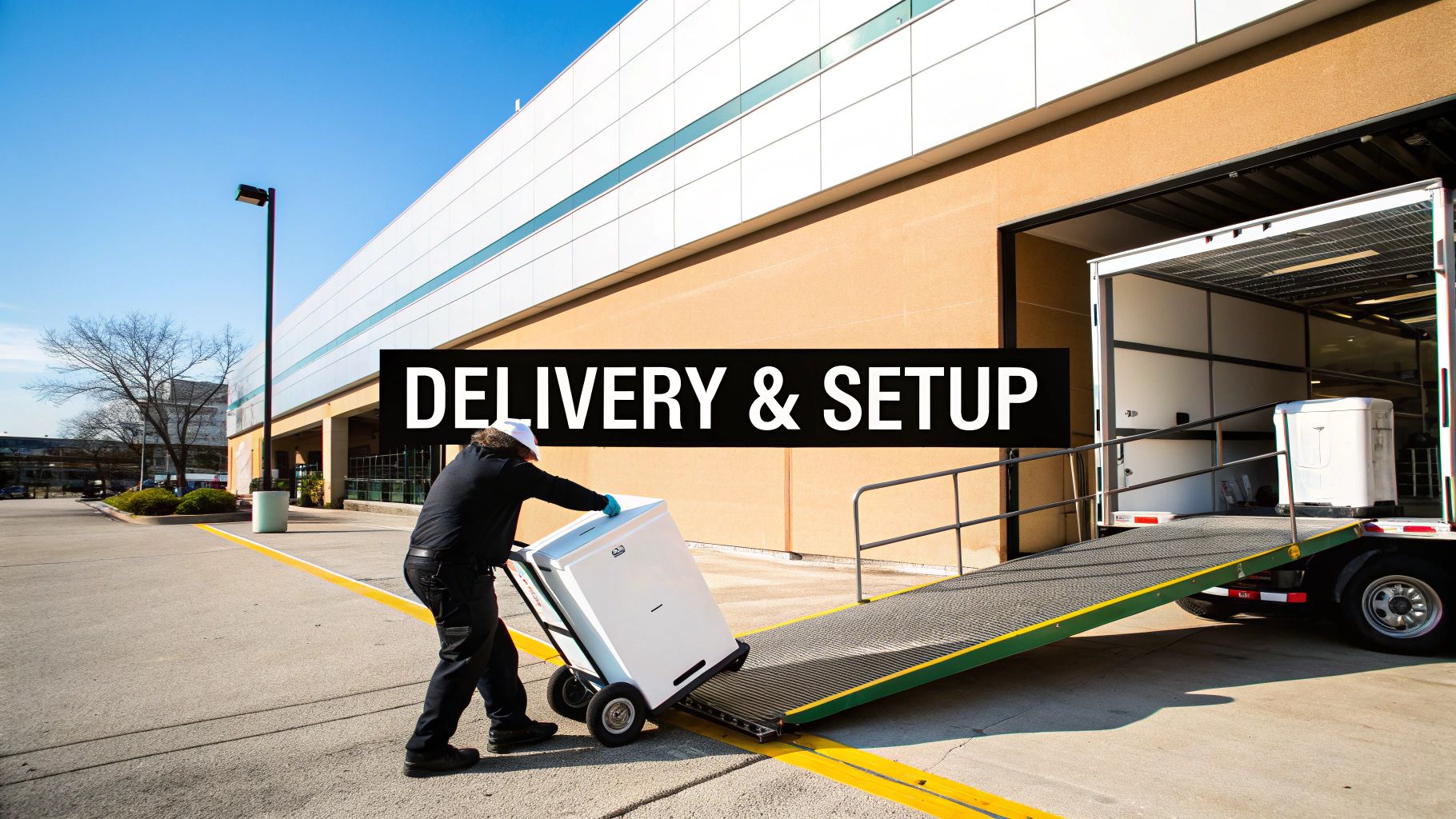 A delivery worker pushes a white mobile fridge up a ramp into a truck for delivery and setup.
