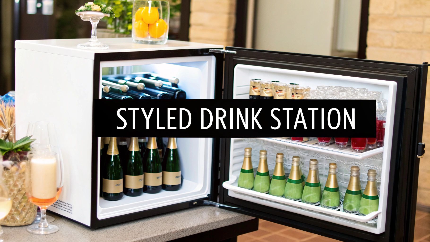 Open mini-fridges displaying an array of chilled drinks, including champagne bottles and shot glasses, for a styled event.