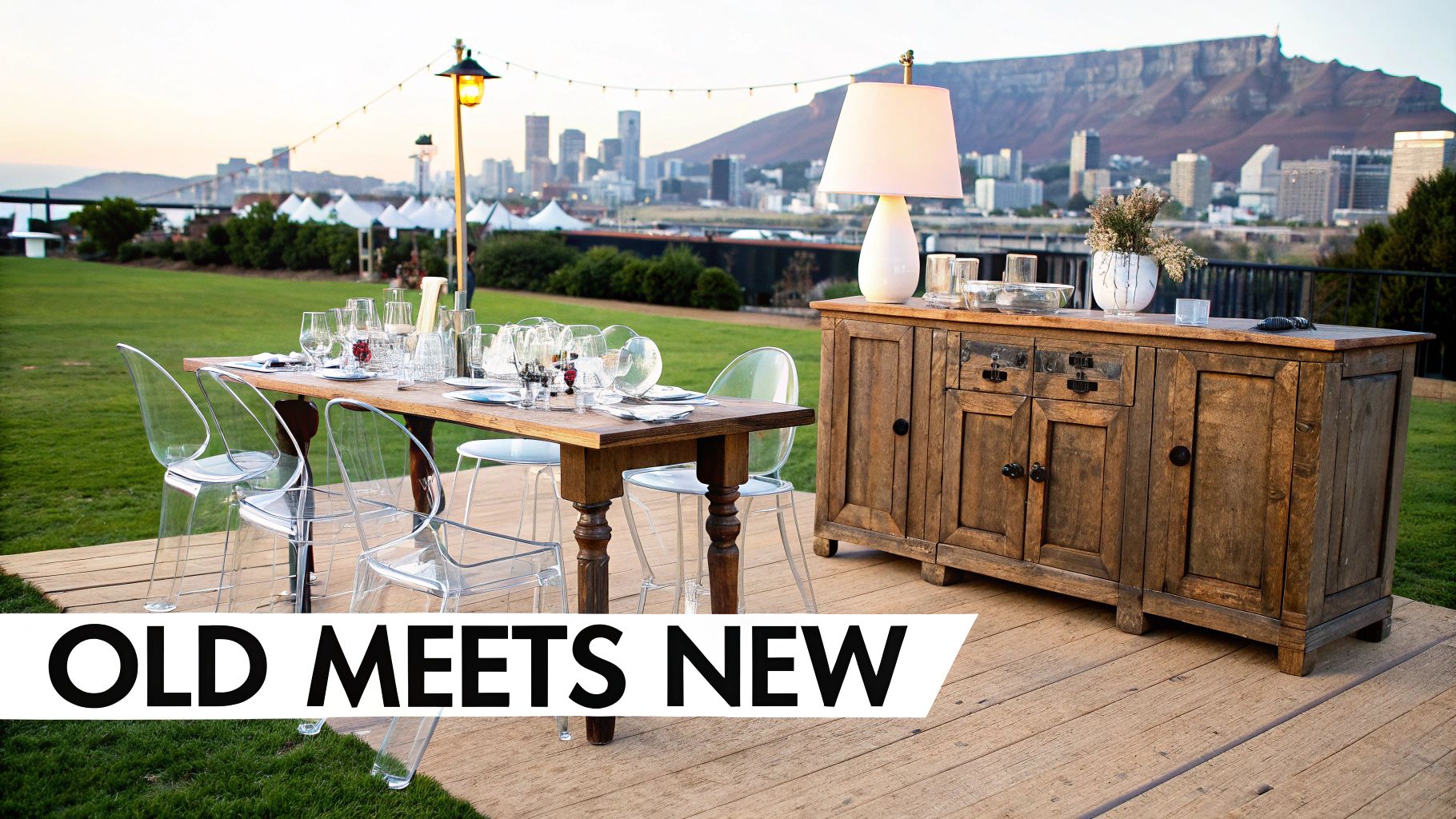 Outdoor dining setup with vintage wooden furniture, modern clear chairs, city skyline, and Table Mountain backdrop.