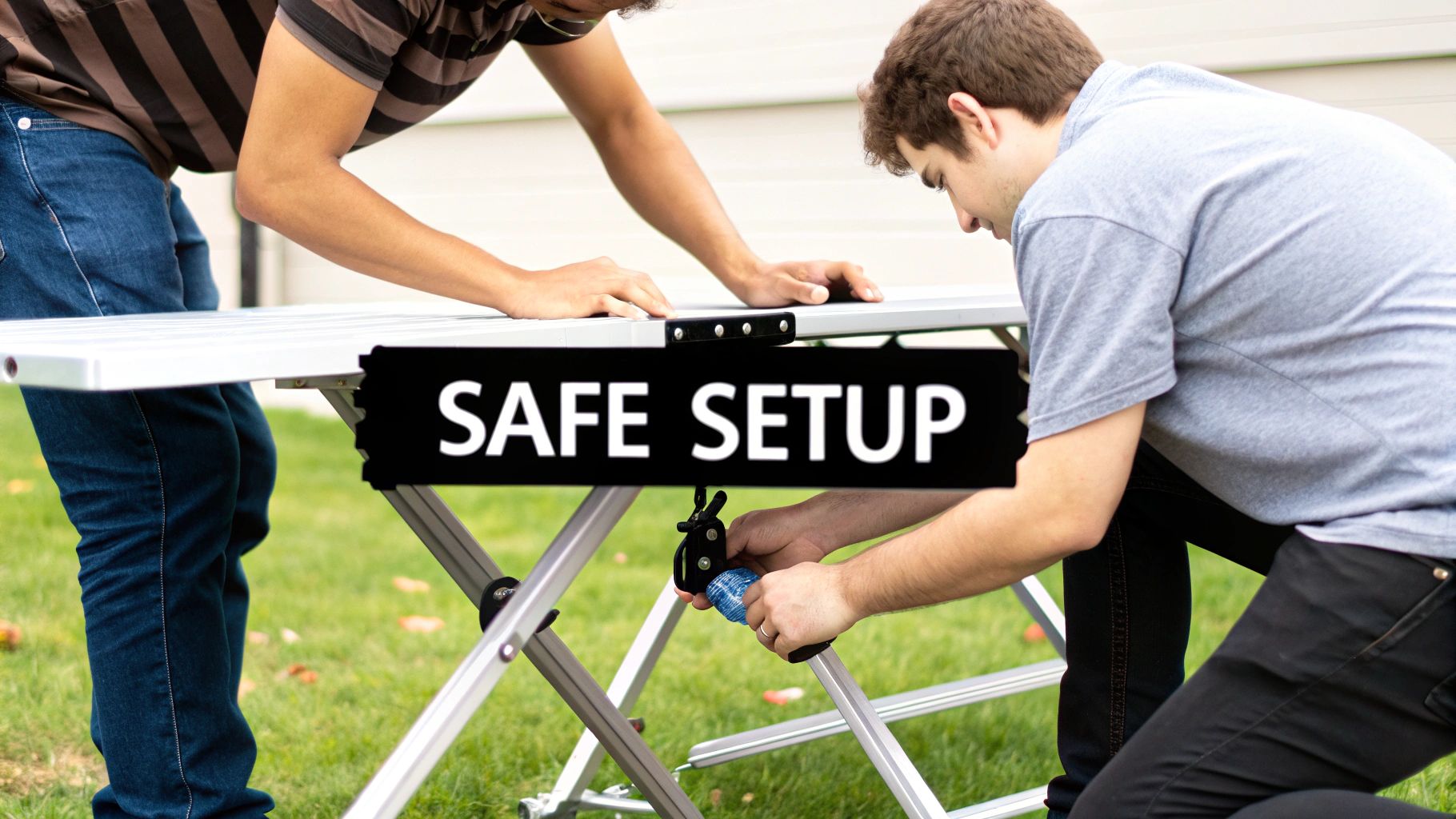 Two people safely setting up a silver folding picnic table outdoors on a green lawn.