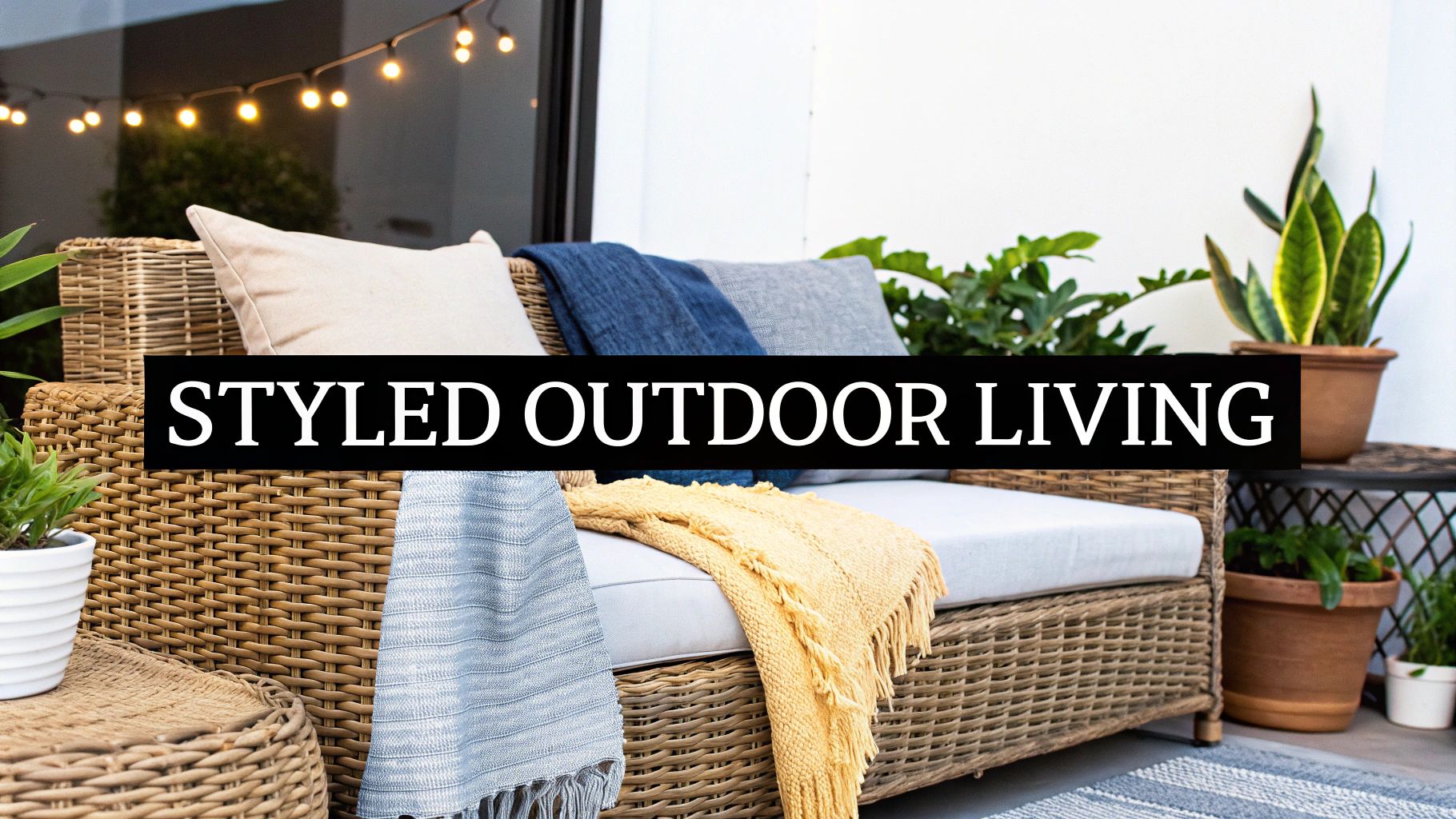 A beautifully styled outdoor living space featuring wicker furniture, colorful pillows, and lush green plants.