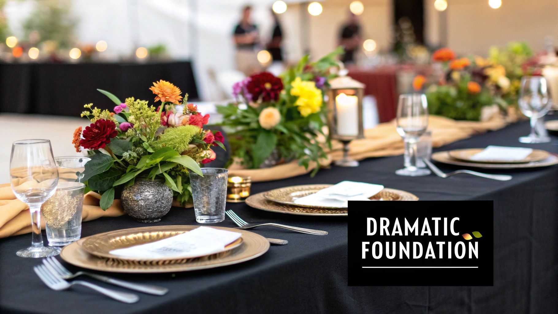 An elegant event setup featuring black table cloths with gold and white accents.