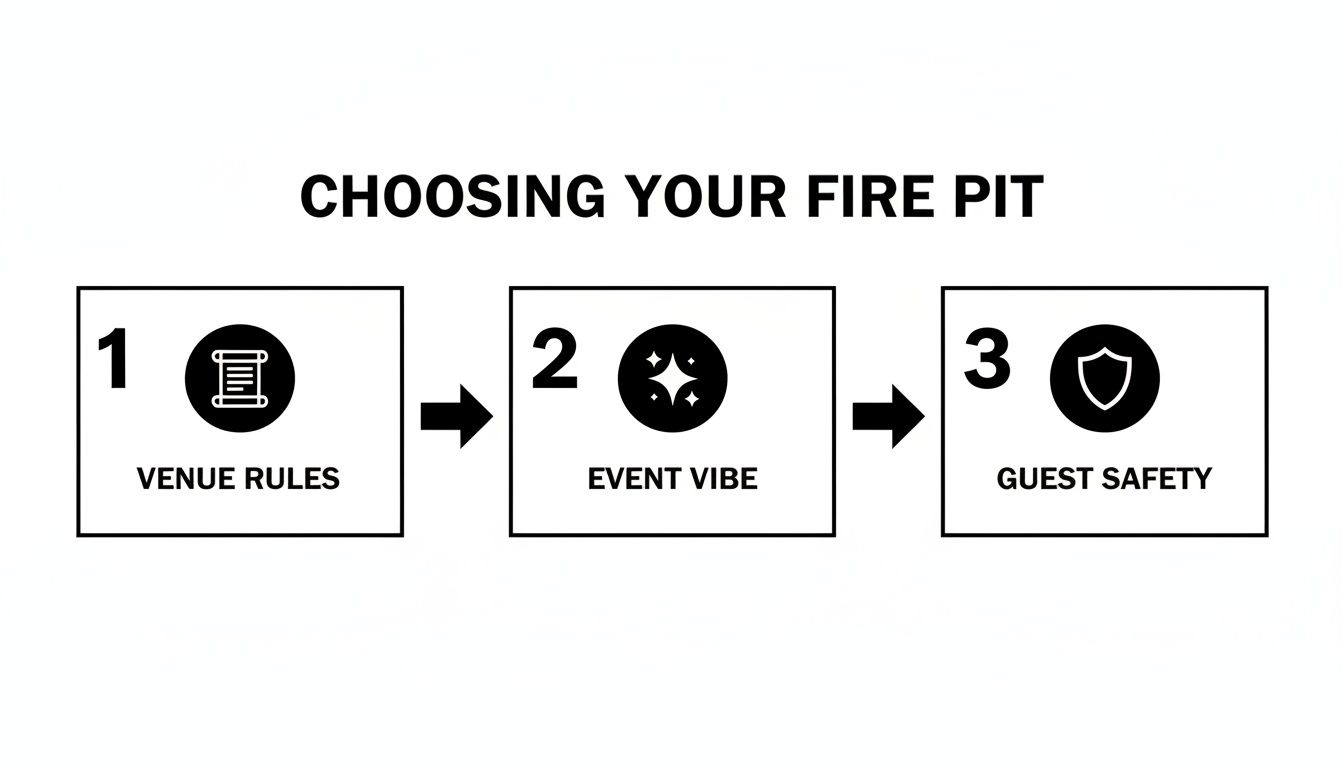 Diagram outlining three steps for choosing a fire pit: Venue Rules, Event Vibe, and Guest Safety.